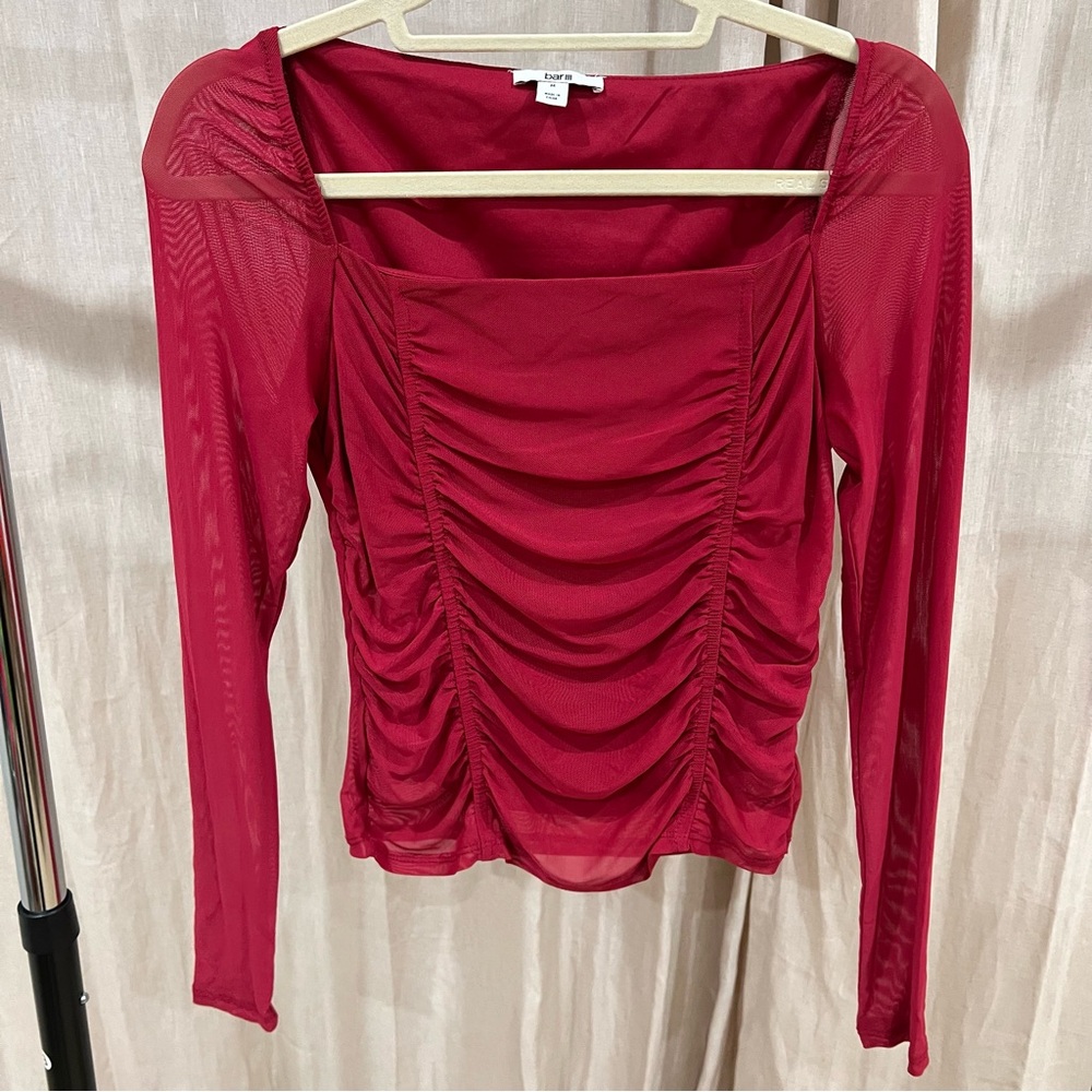 Bar III Red Ruched Mesh Long Sleeve Blouse